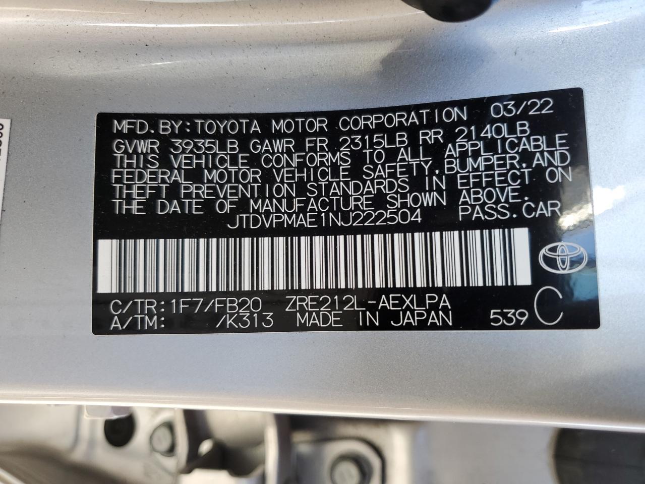 2022 TOYOTA COROLLA LE VIN:JTDVPMAE1NJ222504