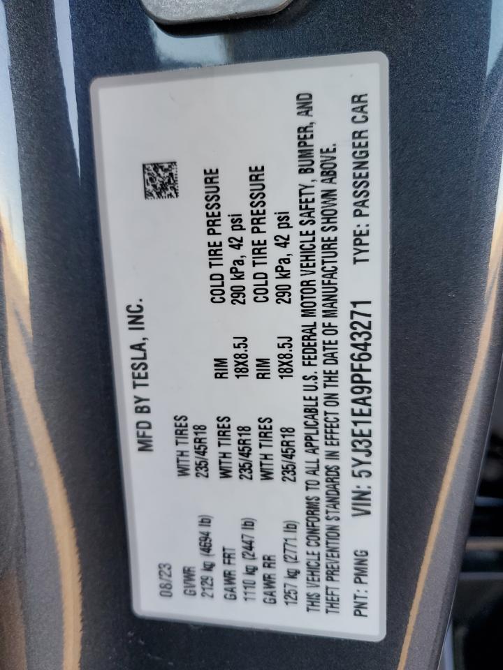 2023 TESLA MODEL 3 VIN:5YJ3E1EA9PF643271