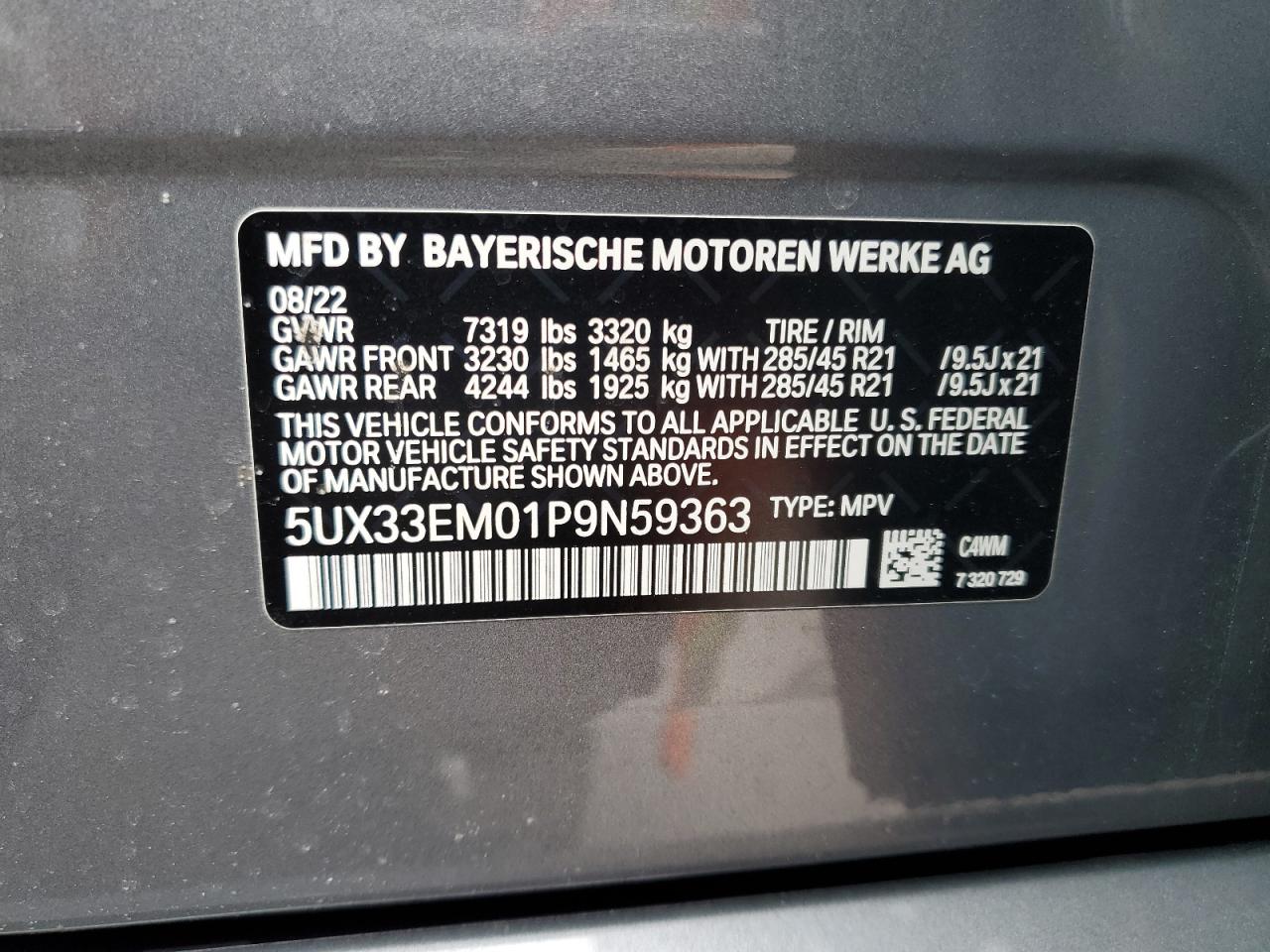 2023 BMW X7 M60I VIN:5UX33EM01P9N59363