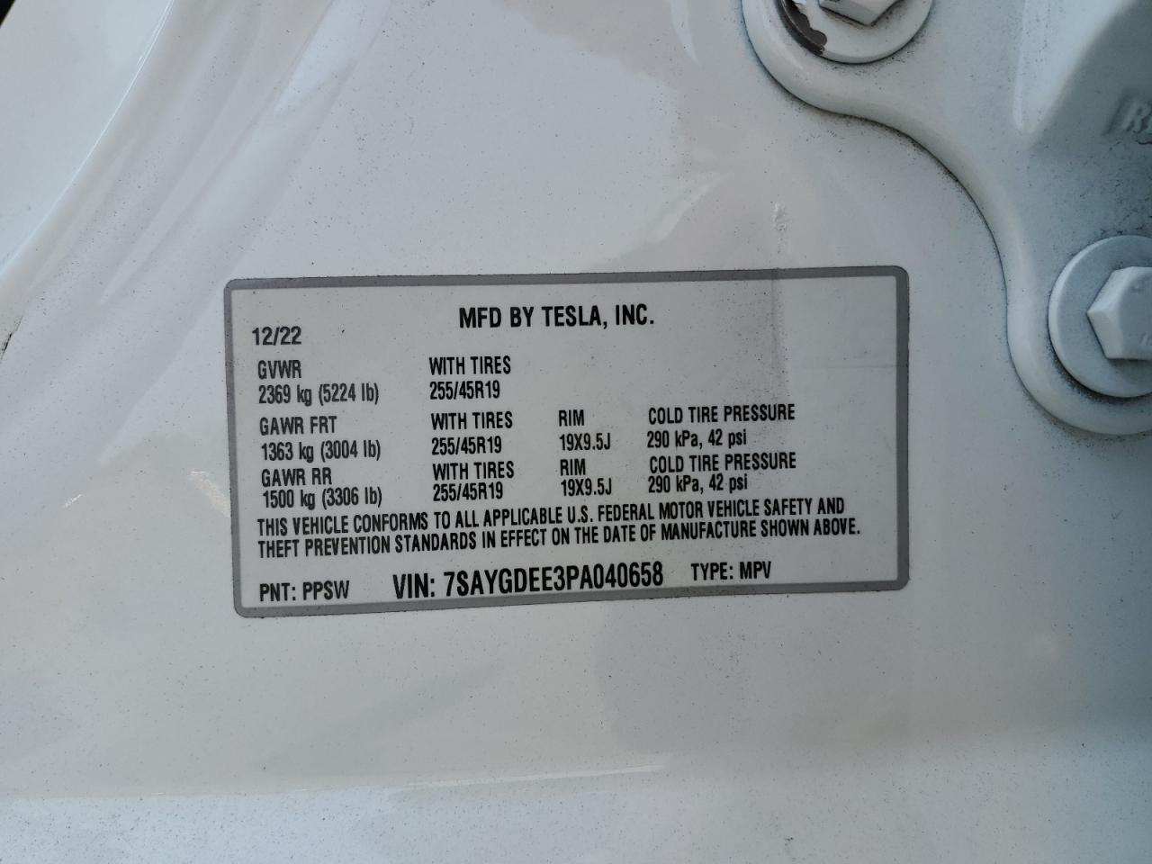 2023 TESLA MODEL Y VIN:7SAYGDEE3PA040658