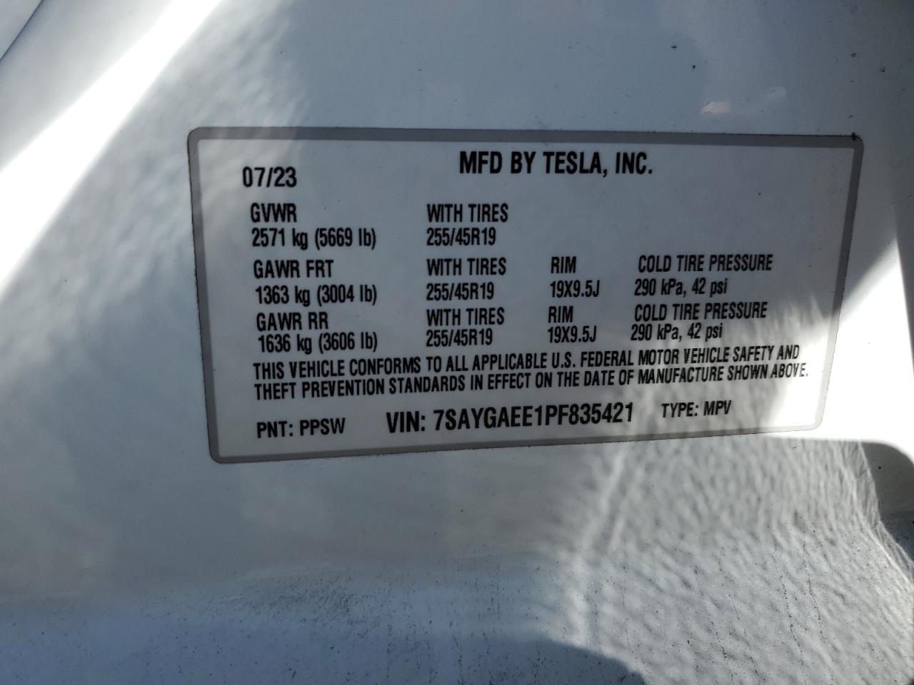2023 TESLA MODEL Y VIN:7SAYGAEE1PF835421