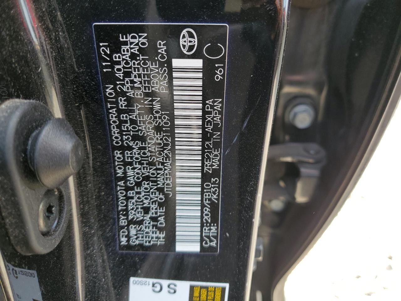 2022 TOYOTA COROLLA LE VIN:JTDEPMAE2NJ211091