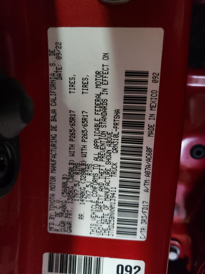 2022 TOYOTA TACOMA DOUBLE CAB VIN:3TMDZ5BNXNM139411