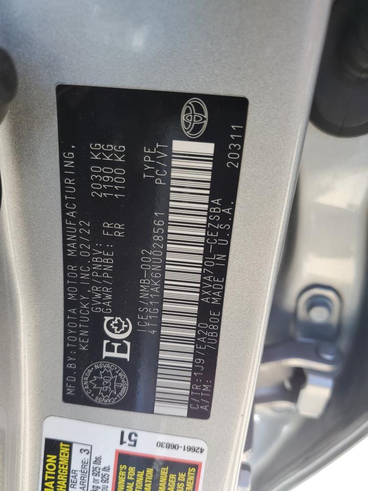 2022 TOYOTA CAMRY SE VIN:4T1G11AK6NU028561