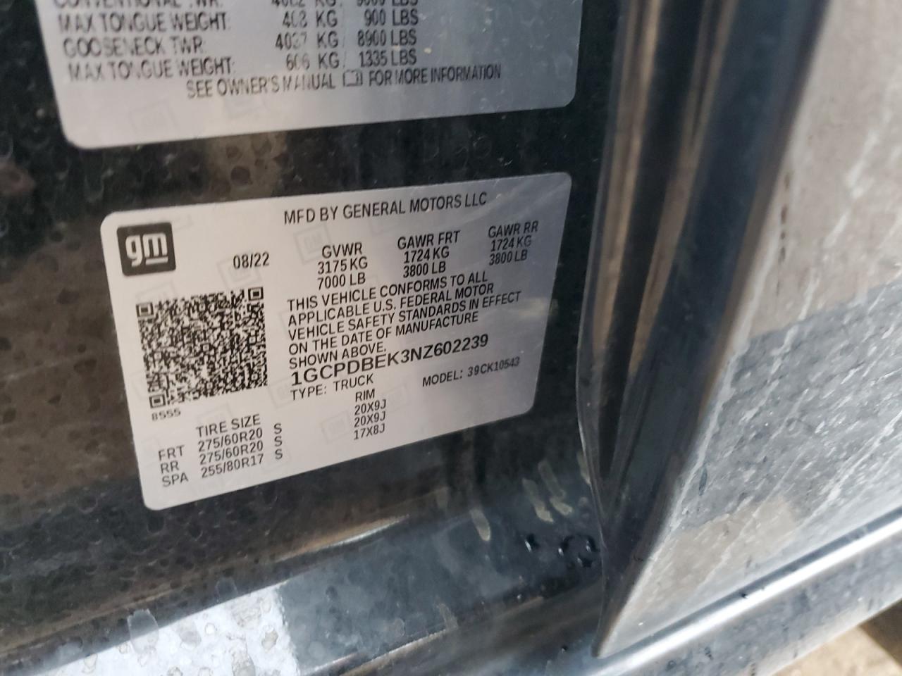 2022 CHEVROLET SILVERADO K1500 CUSTOM VIN:1GCPDBEK3NZ602239