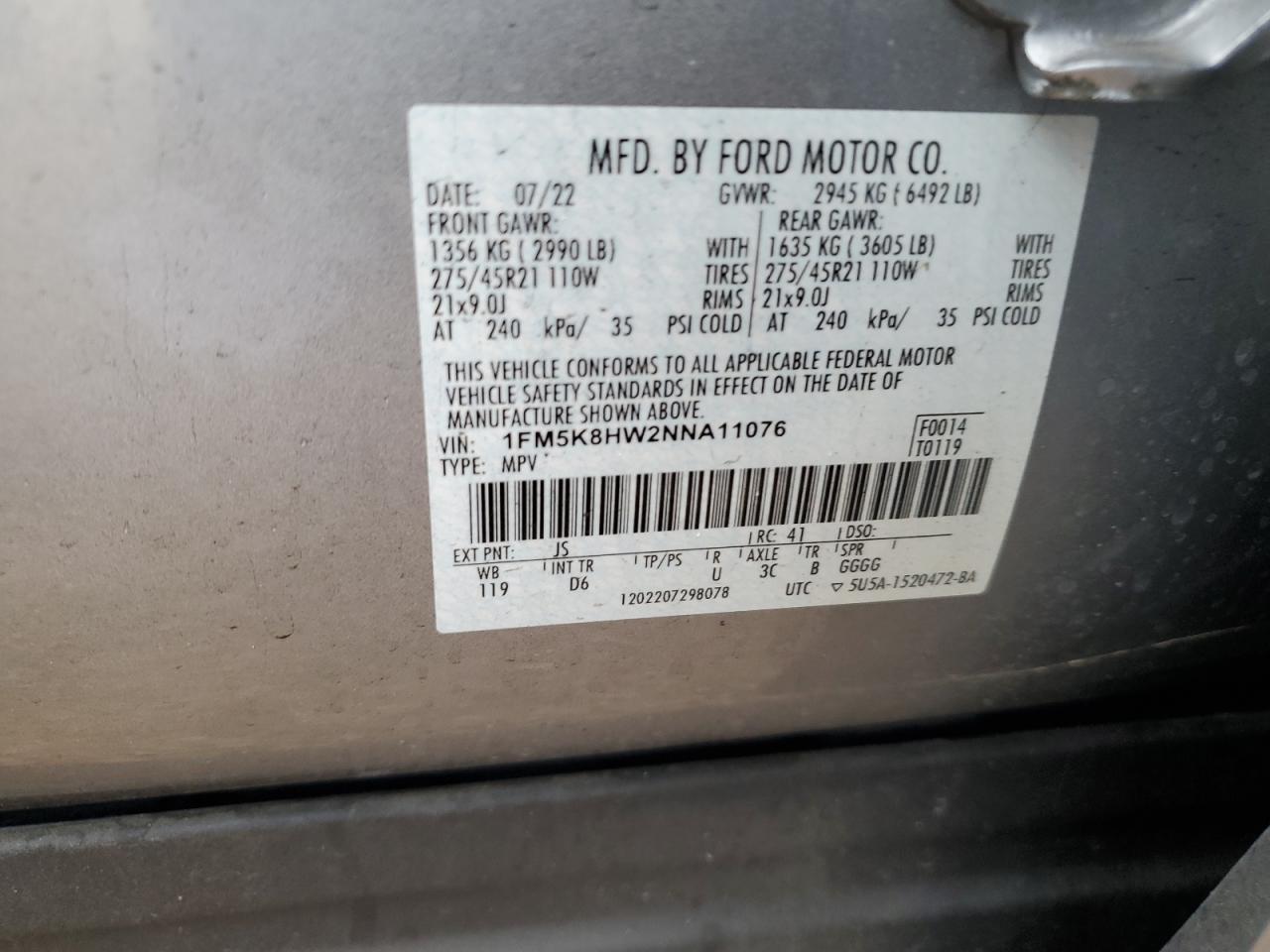 2022 FORD EXPLORER PLATINUM VIN:1FM5K8HW2NNA11076
