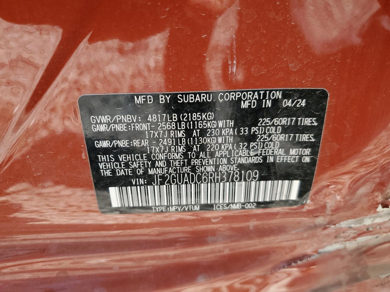 2024 SUBARU CROSSTREK PREMIUM VIN:JF2GUADC6RH378109