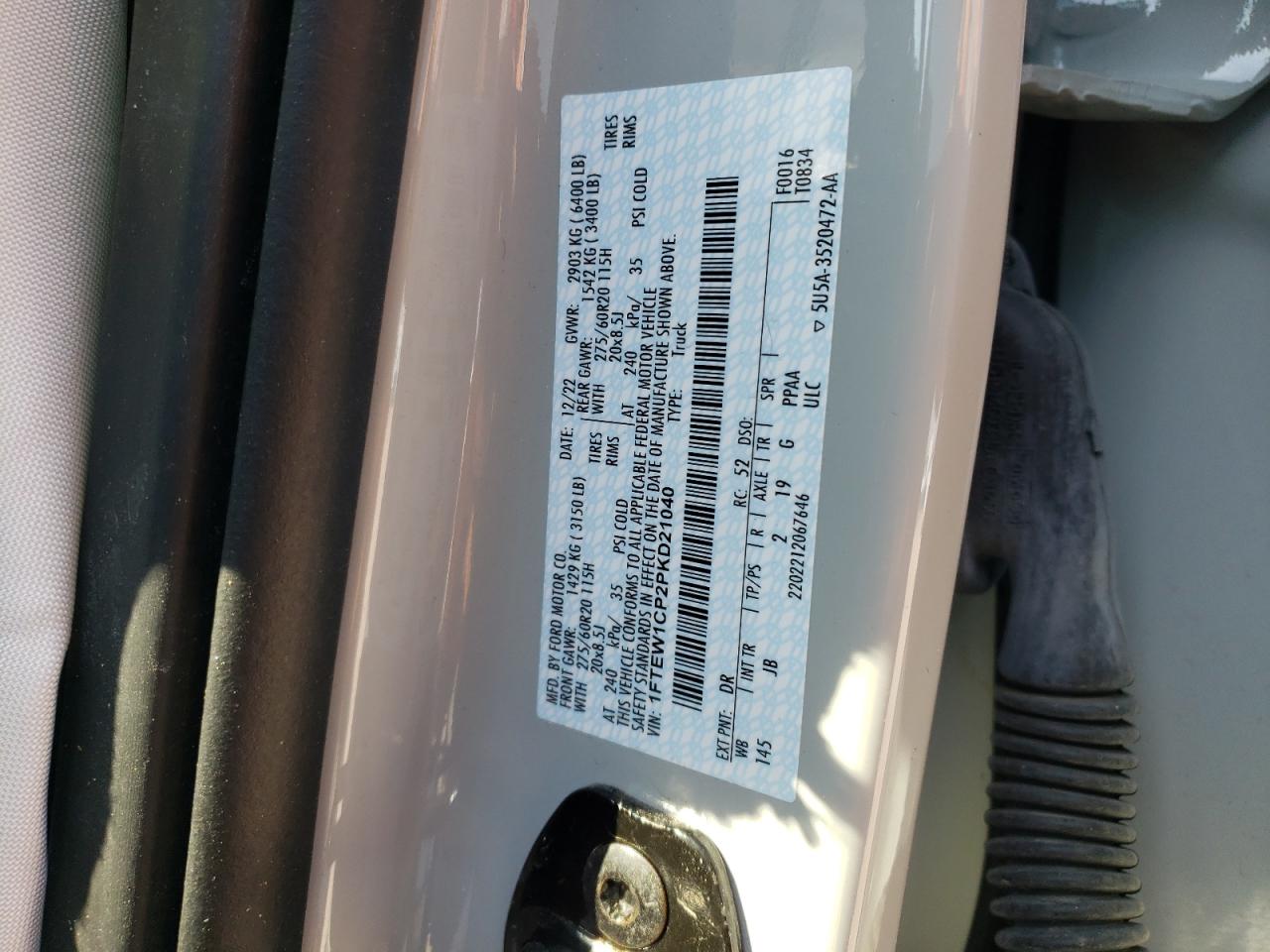 2023 FORD F150 SUPERCREW VIN:1FTEW1CP2PKD21040