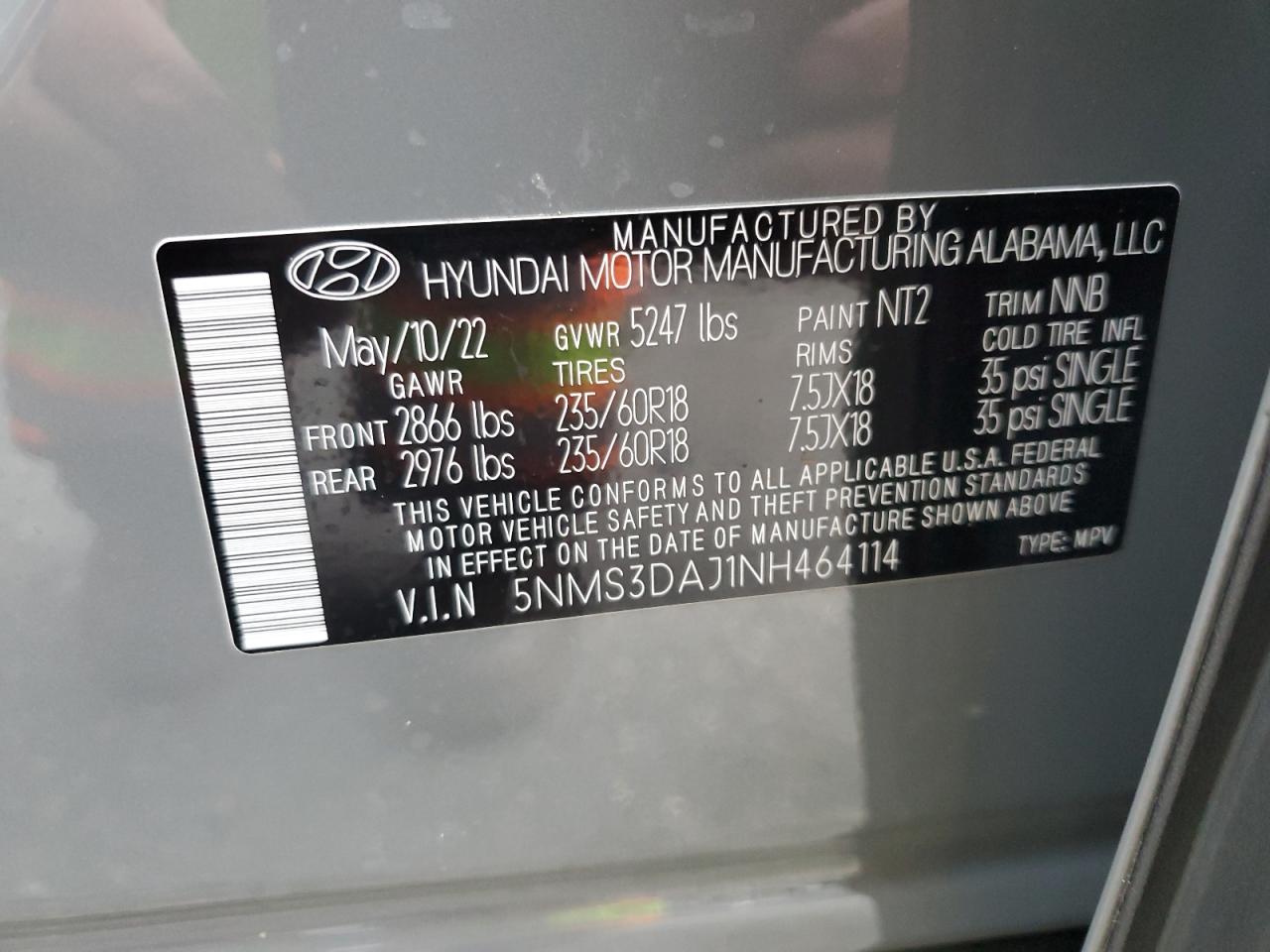 2022 HYUNDAI SANTA FE SEL VIN:5NMS3DAJ1NH464114