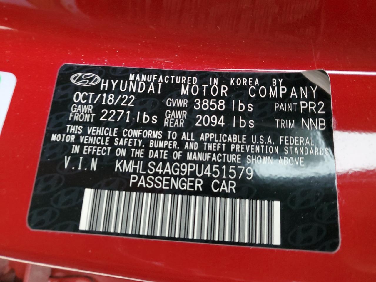 2023 HYUNDAI ELANTRA SEL VIN:KMHLS4AG9PU451579