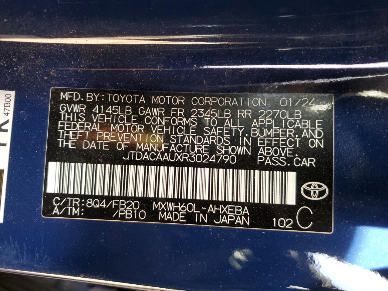 2024 TOYOTA PRIUS LE VIN:JTDACAAUXR3024790