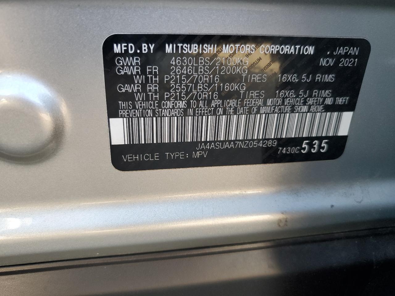 2022 MITSUBISHI ECLIPSE CROSS ES VIN:JA4ASUAA7NZ054289