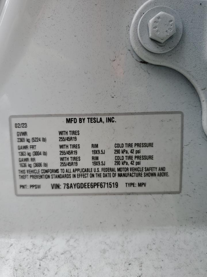 2023 TESLA MODEL Y VIN:7SAYGDEE6PF671519