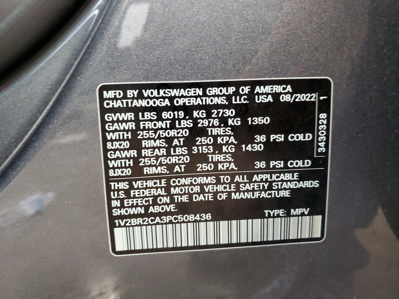 2023 VOLKSWAGEN ATLAS SEL VIN:1V2BR2CA3PC508436