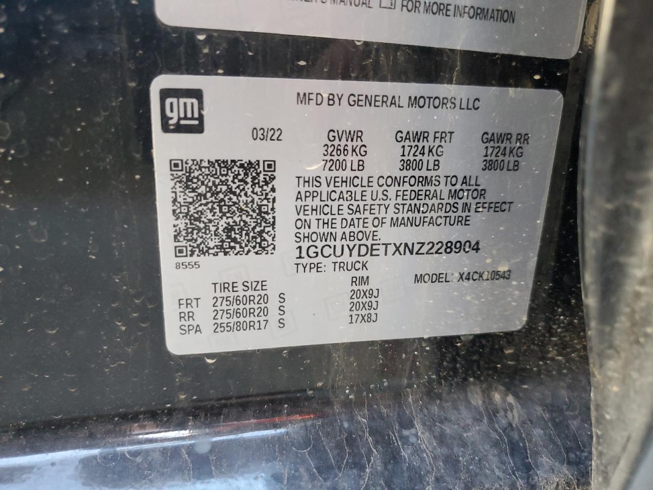 2022 CHEVROLET SILVERADO LTD K1500 LT VIN:1GCUYDETXNZ228904