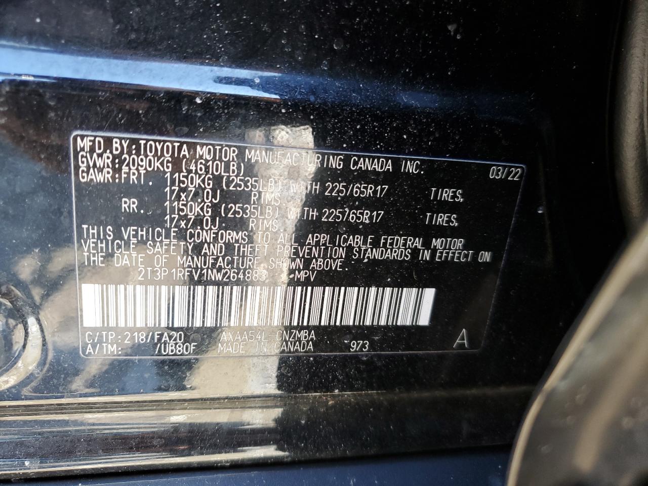 2022 TOYOTA RAV4 XLE VIN:2T3P1RFV1NW264883