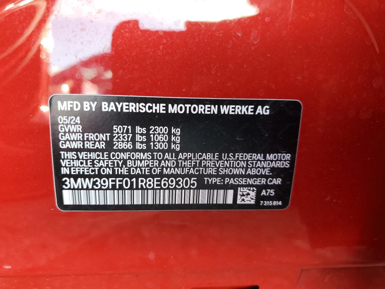 2024 BMW 330E VIN:3MW39FF01R8E69305