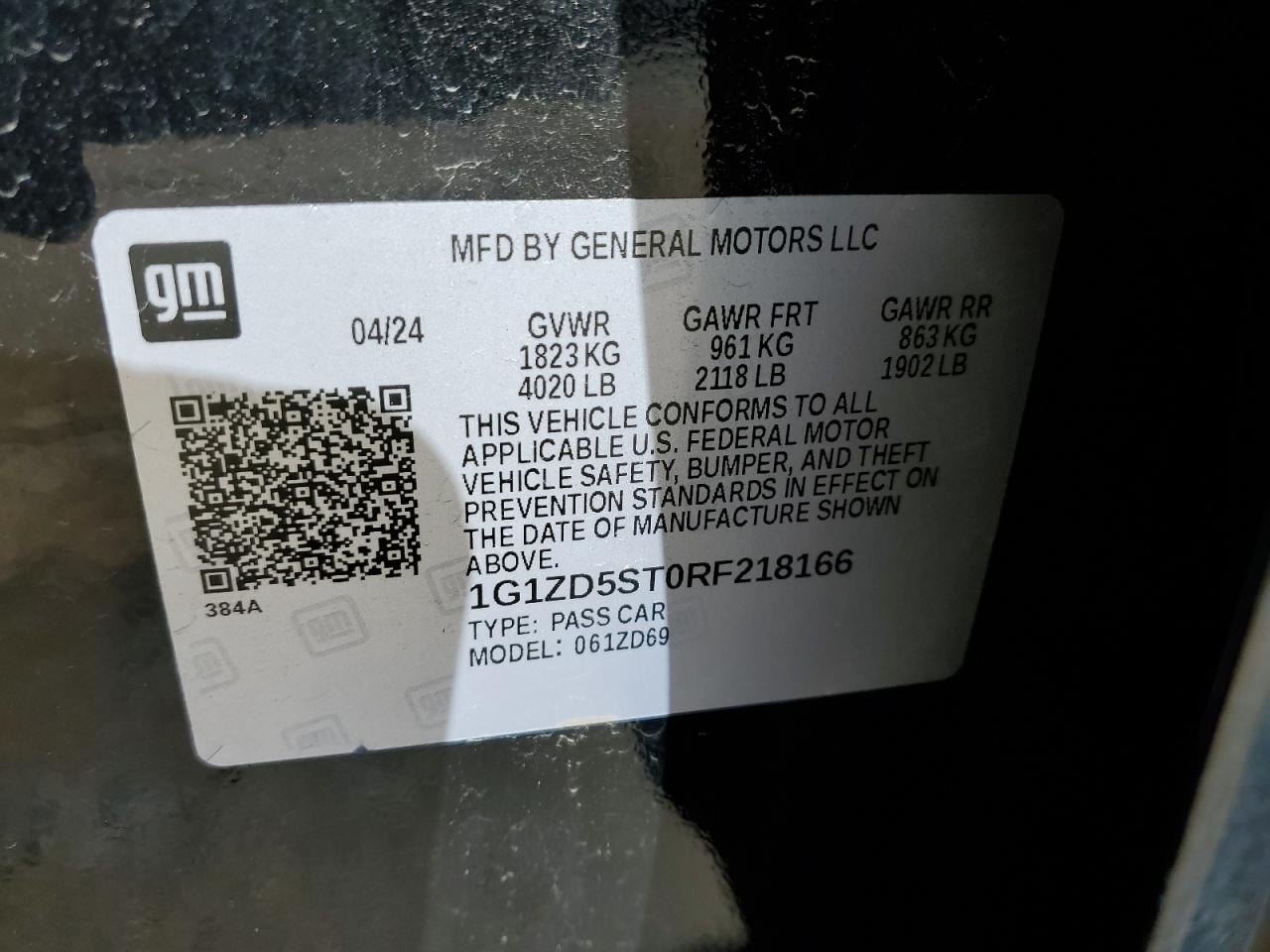 2024 CHEVROLET MALIBU LT VIN:1G1ZD5ST0RF218166