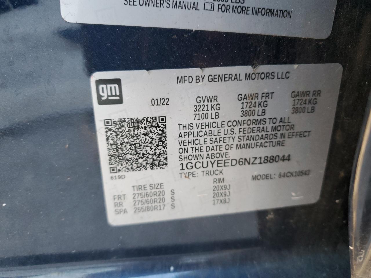 2022 CHEVROLET SILVERADO LTD K1500 RST VIN:1GCUYEED6NZ188044