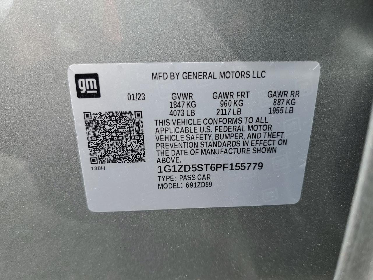 2023 CHEVROLET MALIBU LT VIN:1G1ZD5ST6PF155779