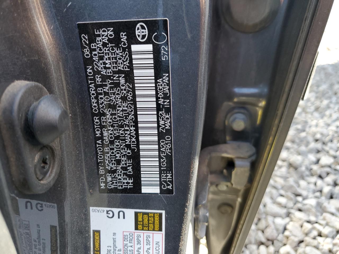 2022 TOYOTA PRIUS PRIME LE VIN:JTDKAMFP3N3219672