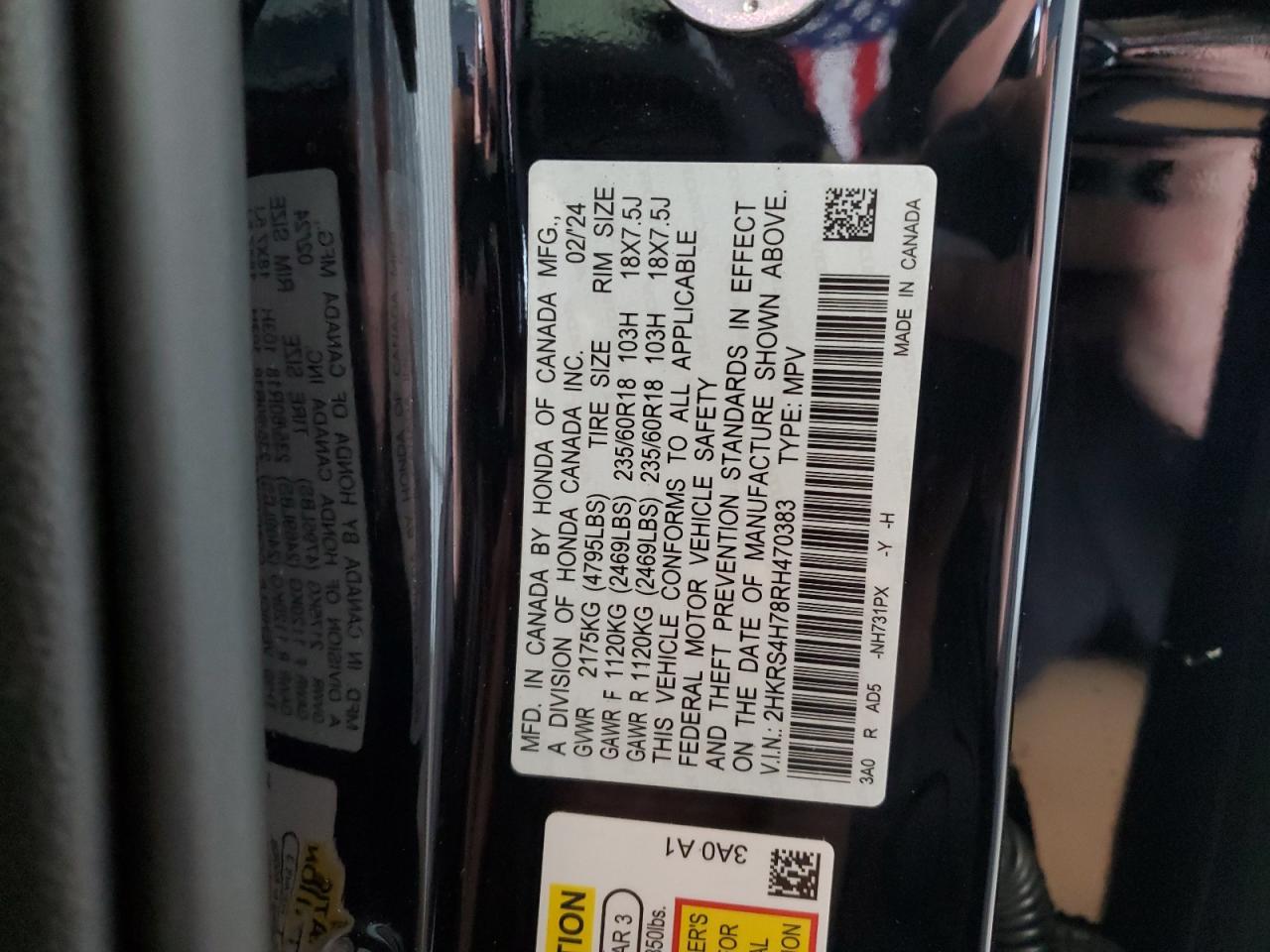 2024 HONDA CR-V EXL VIN:2HKRS4H78RH470383