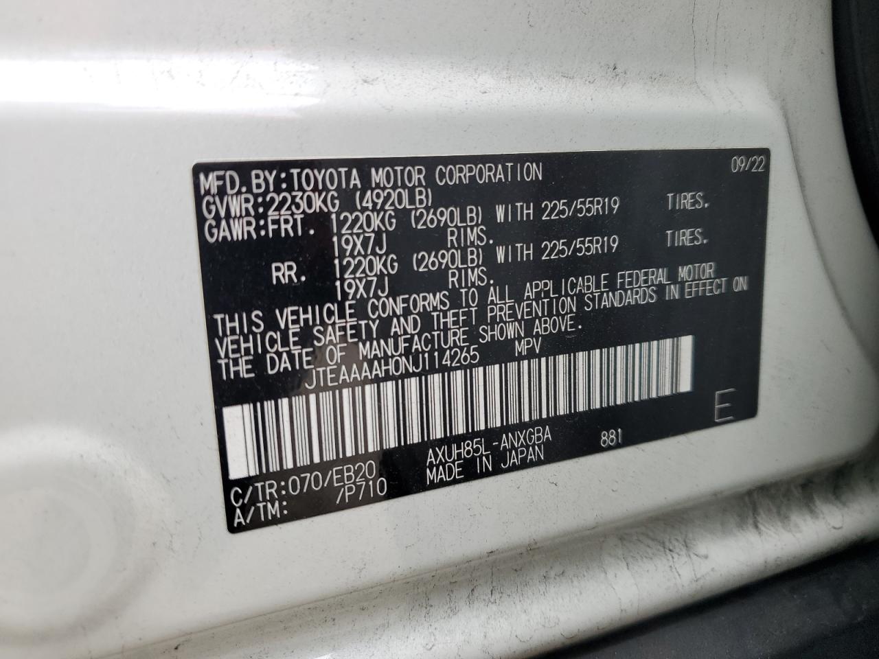 2022 TOYOTA VENZA LE VIN:JTEAAAAH0NJ114265