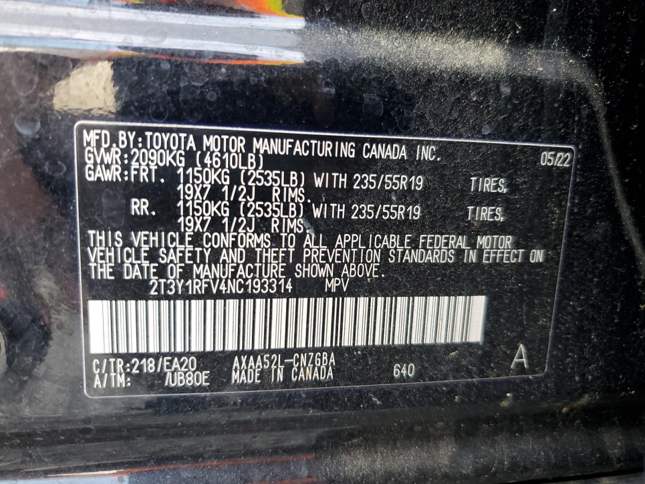 2022 TOYOTA RAV4 LIMITED VIN:2T3Y1RFV4NC193314