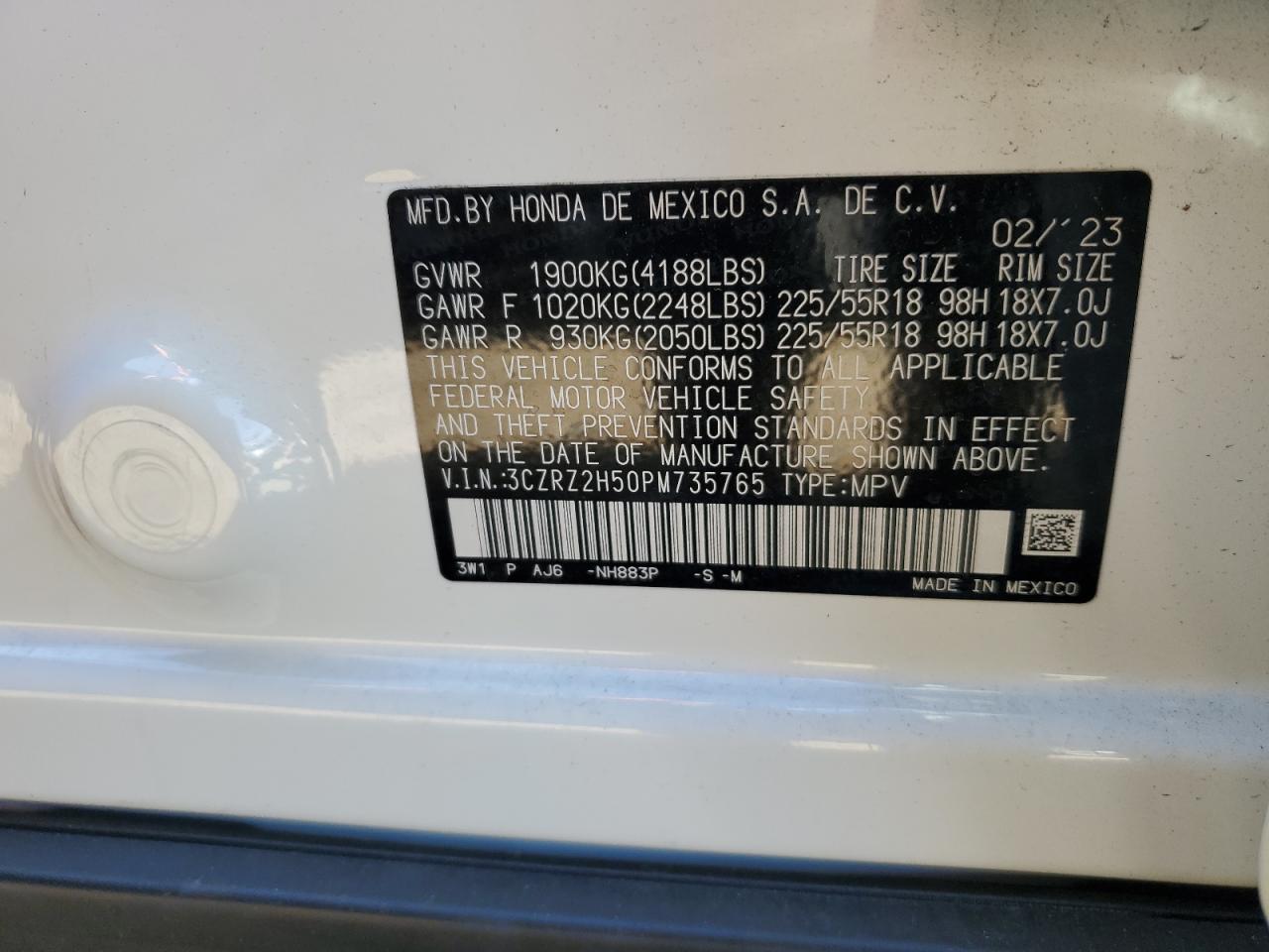 2023 HONDA HR-V SPORT VIN:3CZRZ2H50PM735765