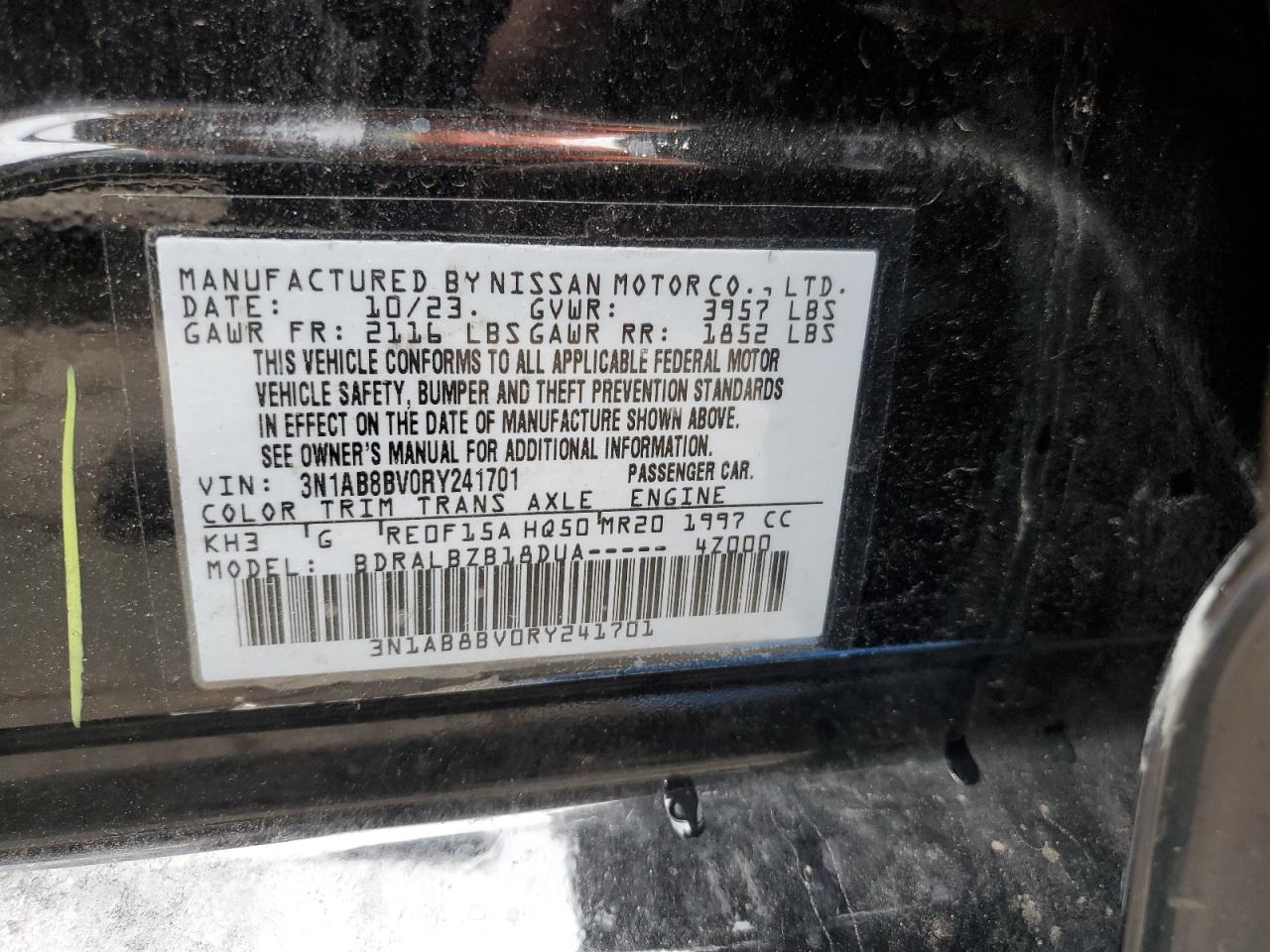 2024 NISSAN SENTRA S VIN:3N1AB8BV0RY241701