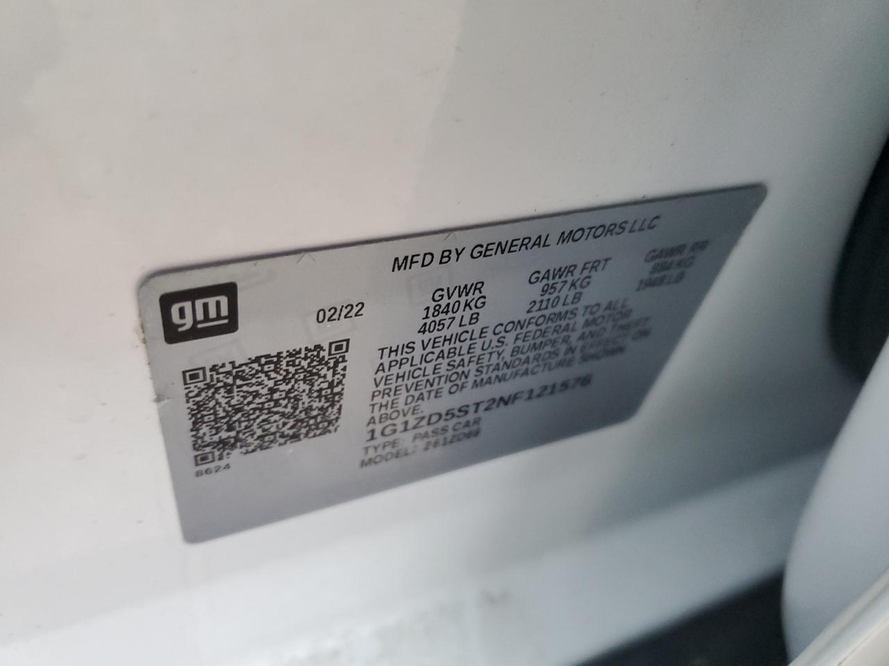 2022 CHEVROLET MALIBU LT VIN:1G1ZD5ST2NF121576