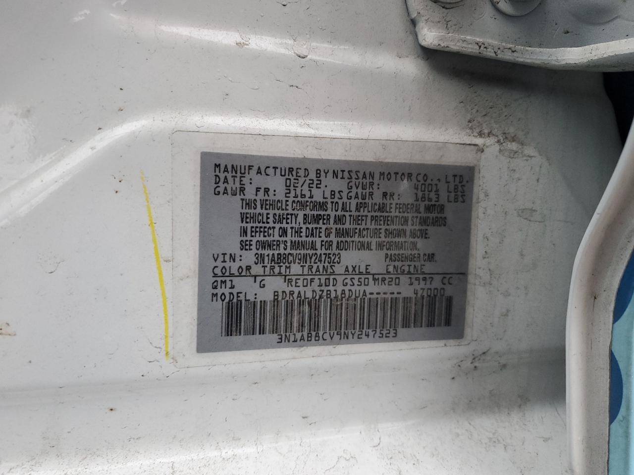 2022 NISSAN SENTRA SV VIN:3N1AB8CV9NY247523