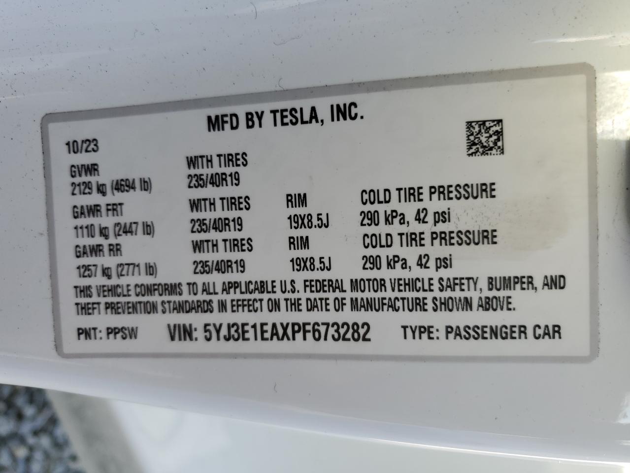 2023 TESLA MODEL 3 VIN:5YJ3E1EAXPF673282