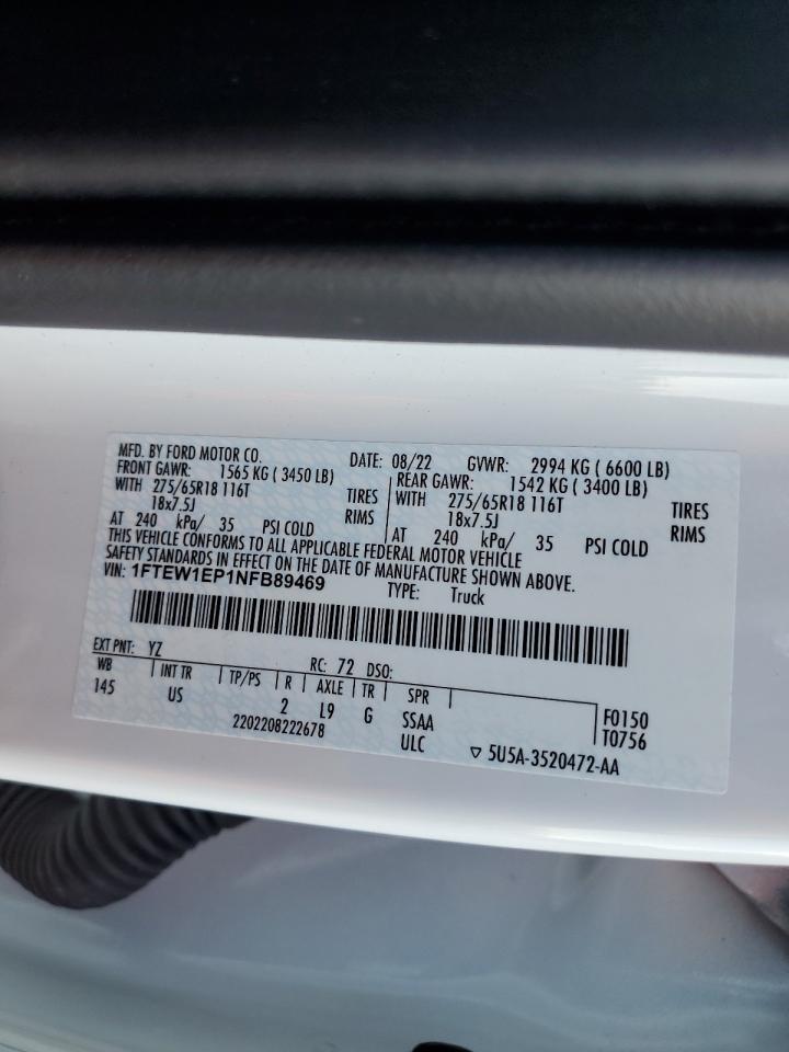 2022 FORD F150 SUPERCREW VIN:1FTEW1EP1NFB89469