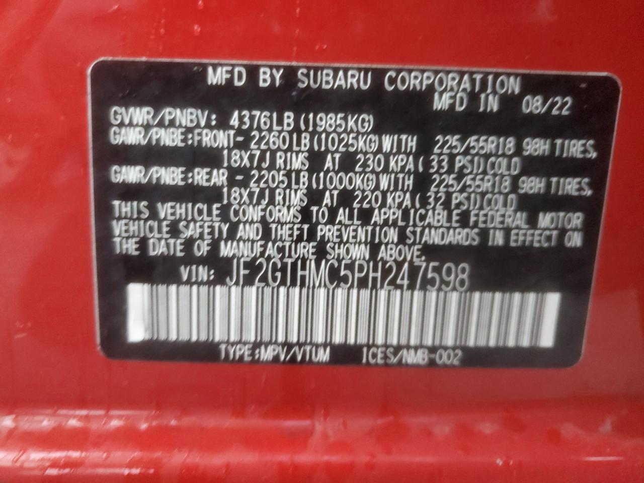 2023 SUBARU CROSSTREK LIMITED VIN:JF2GTHMC5PH247598