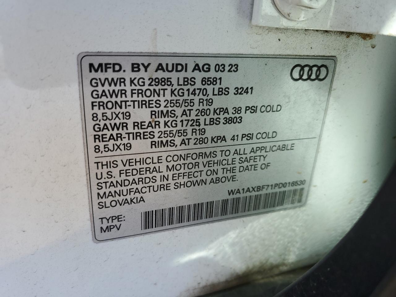 2023 AUDI Q7 PREMIUM VIN:WA1AXBF71PD016530