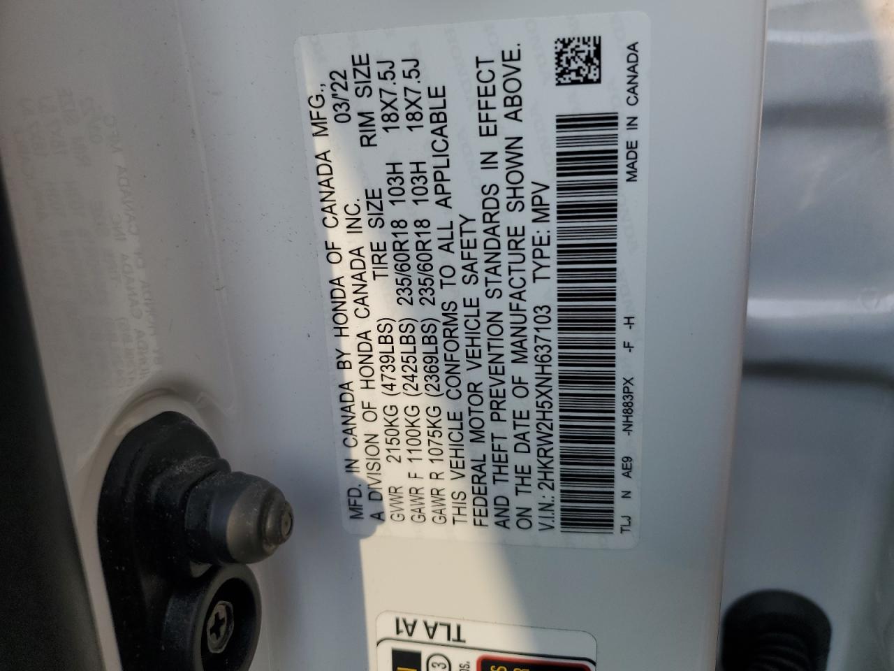2022 HONDA CR-V EX VIN:2HKRW2H5XNH637103