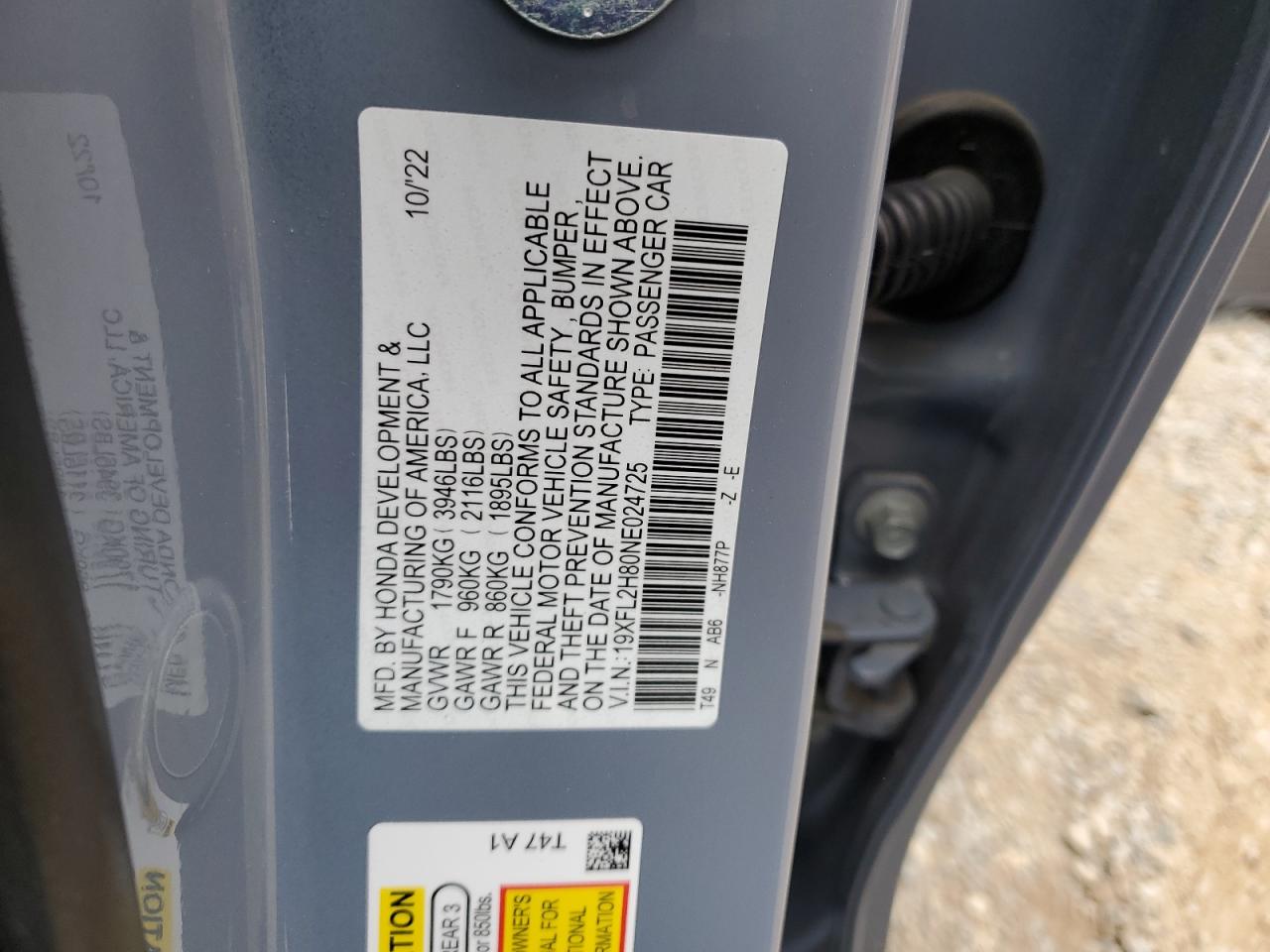 2022 HONDA CIVIC SPORT VIN:19XFL2H80NE024725