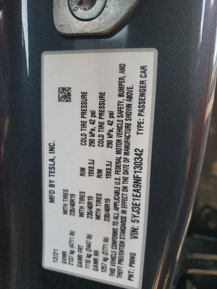 2022 TESLA MODEL 3 VIN:5YJ3E1EA9NF130342