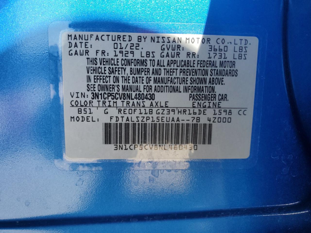 2022 NISSAN KICKS SV VIN:3N1CP5CV8NL480430