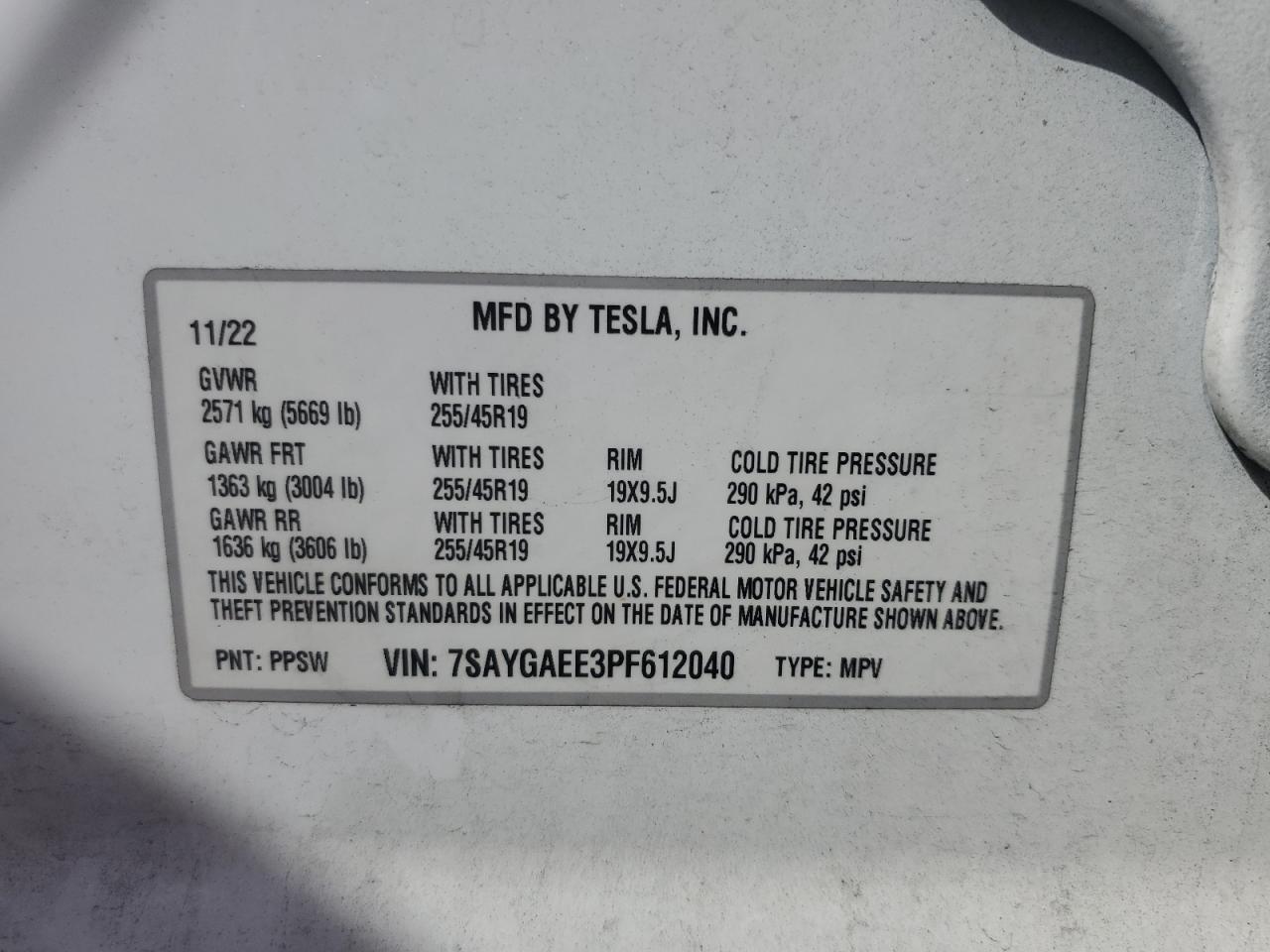 2023 TESLA MODEL Y VIN:7SAYGAEE3PF612040