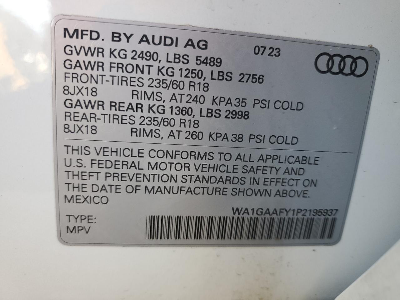 2023 AUDI Q5 PREMIUM 45 VIN:WA1GAAFY1P2195937