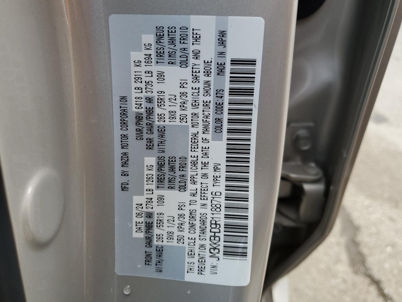 2024 MAZDA CX-90 PREFERRED VIN:JM3KKBHD9R1188716