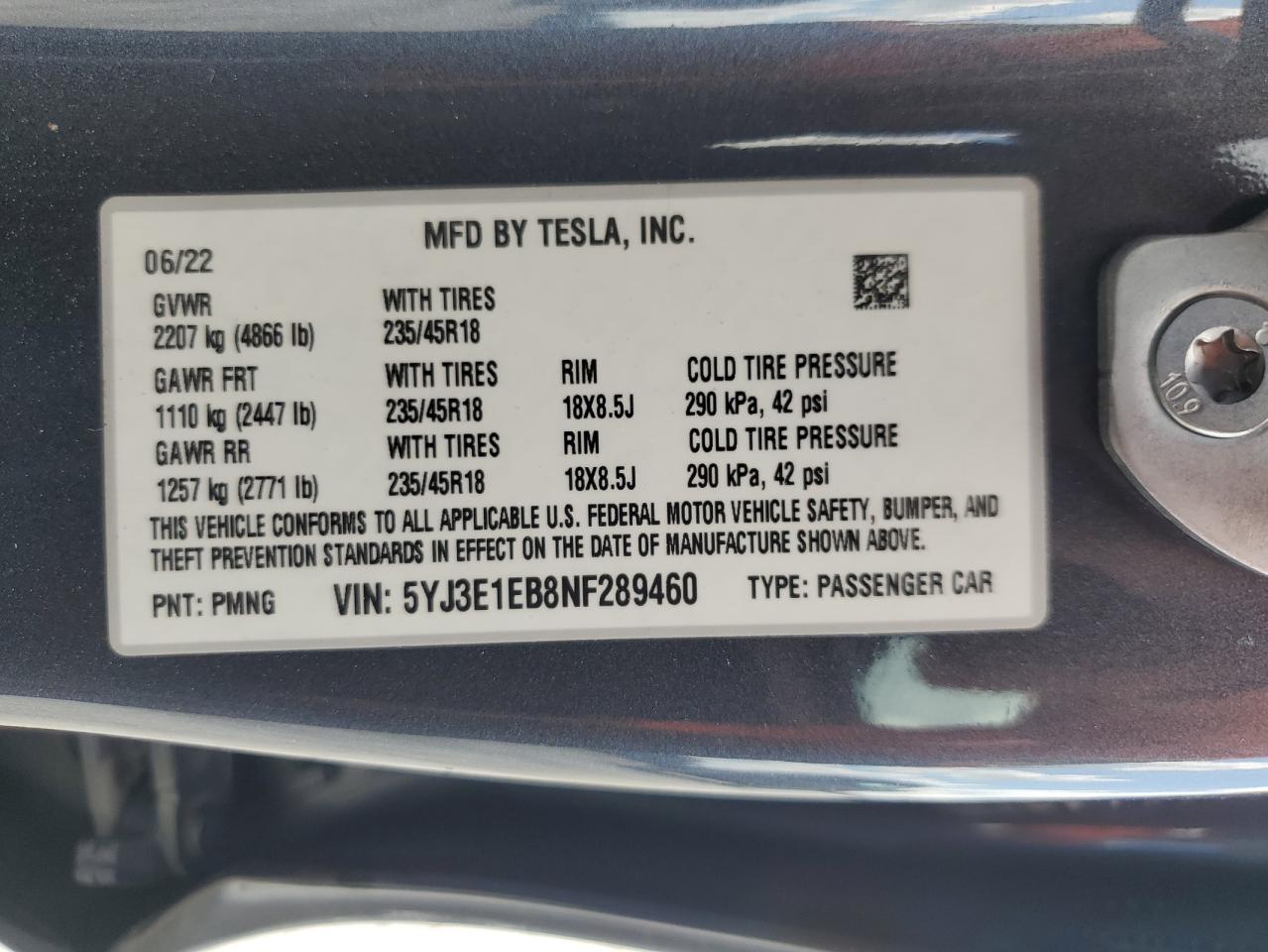 2022 TESLA MODEL 3 VIN:5YJ3E1EB8NF289460