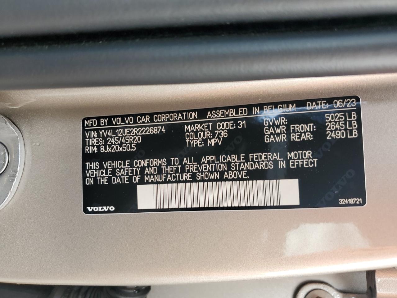 2024 VOLVO XC40 PLUS VIN:YV4L12UE2R2226874