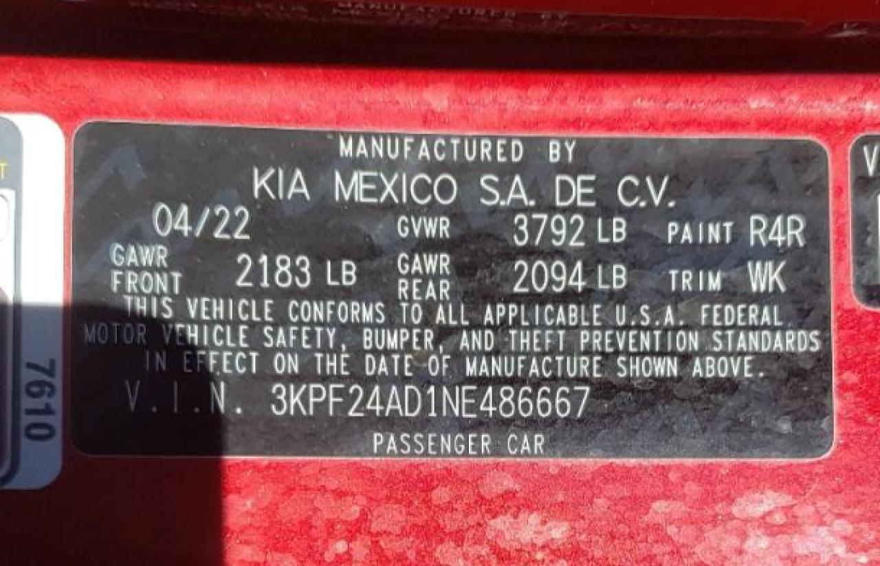 2022 KIA FORTE FE VIN:3KPF24AD1NE486667