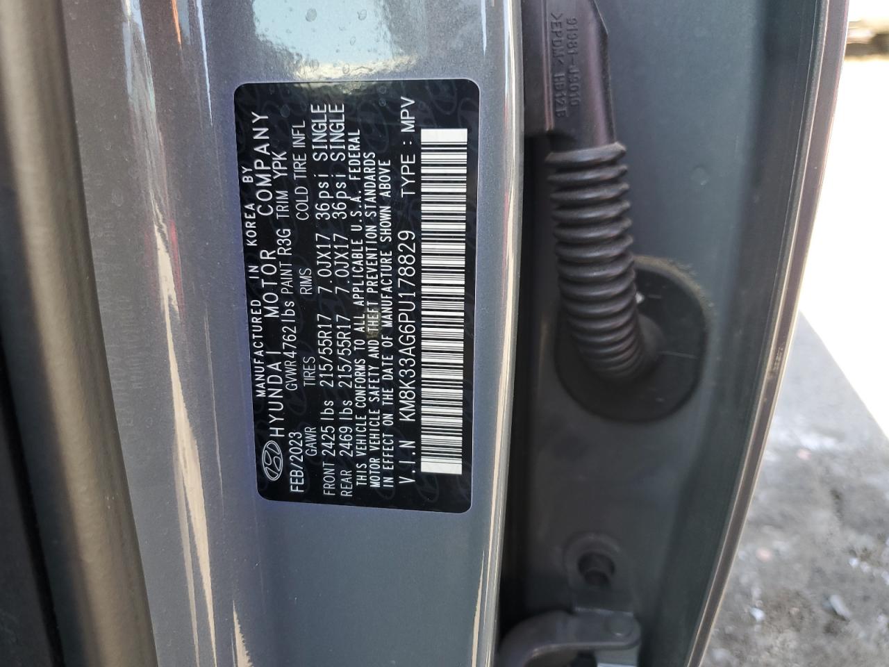 2023 HYUNDAI KONA SEL VIN:KM8K33AG6PU178829