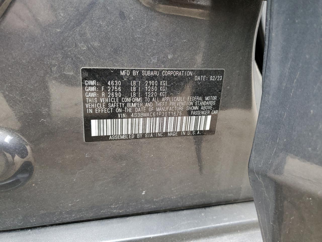 2023 SUBARU LEGACY PREMIUM VIN:4S3BWAC61P3011675