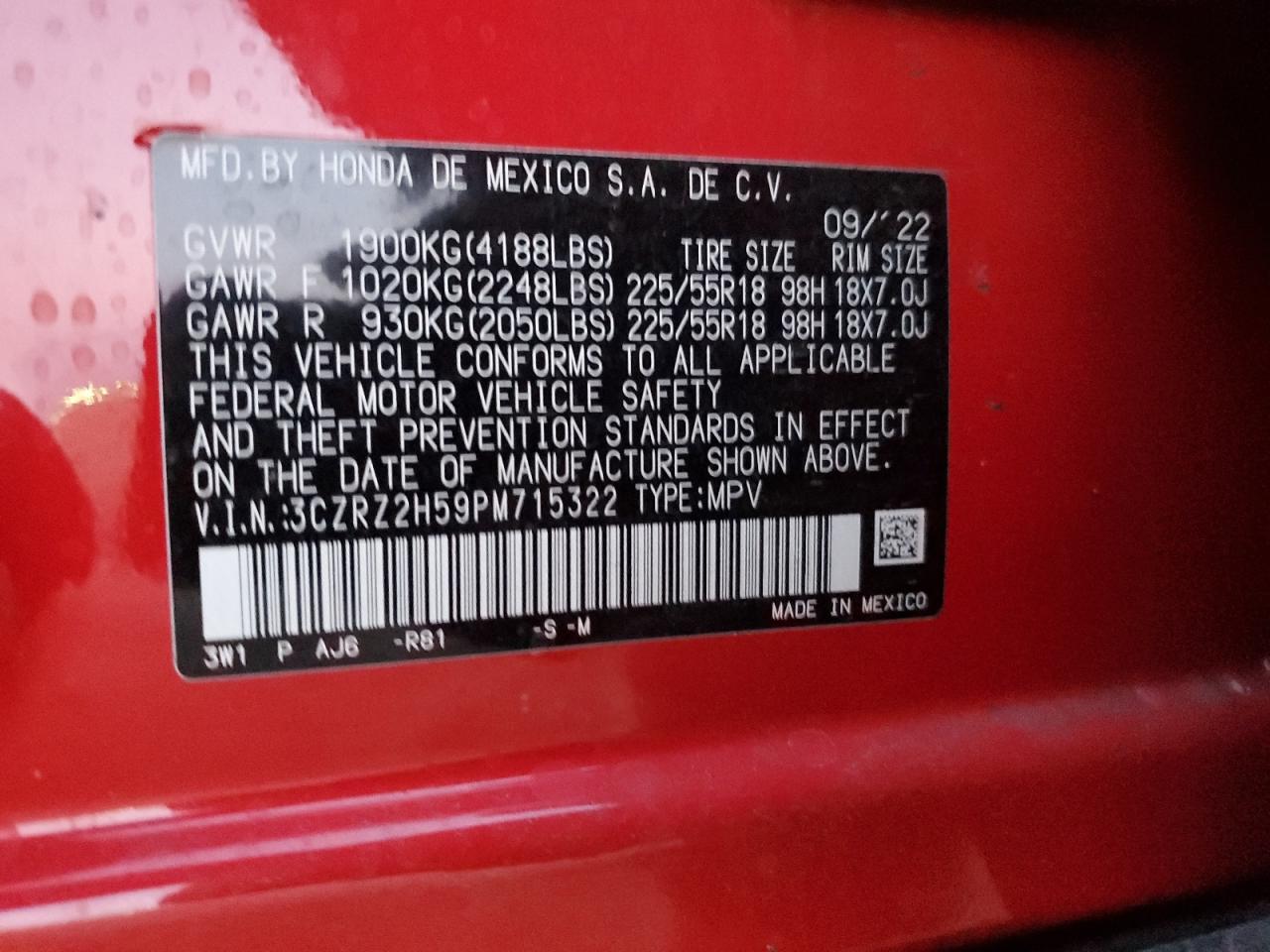 2023 HONDA HR-V SPORT VIN:3CZRZ2H59PM715322