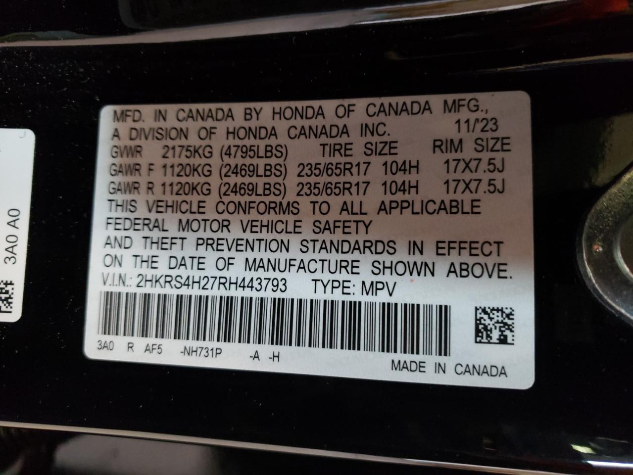 2024 HONDA CR-V LX VIN:2HKRS4H27RH443793